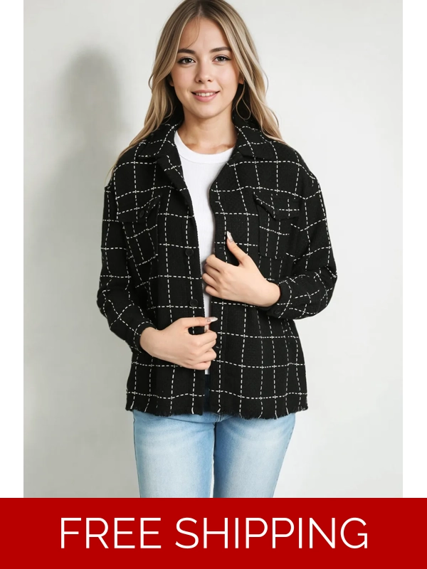 Plaid Raw Hem Jacket with Pockets